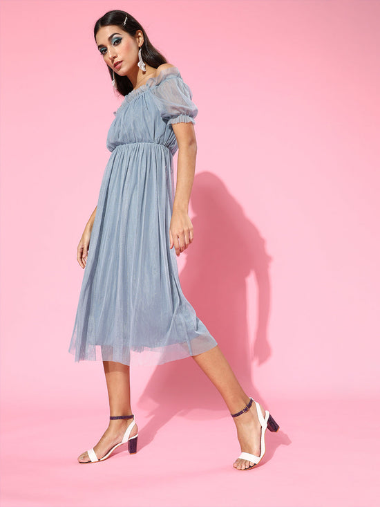 Blue Mesh Lurex Bardot Midi Dress