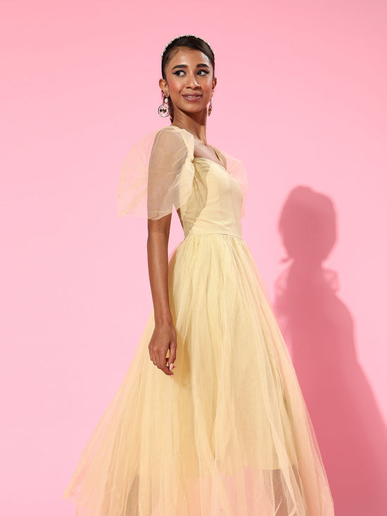 Yellow Tulle Bardot Midi Dress