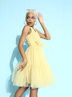 Yellow V-Neck Tulle Belted Dress