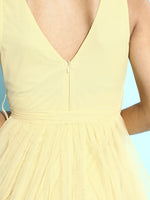 Yellow V-Neck Tulle Belted Dress