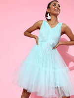 Sea Green V-Neck Tulle Belted Dress