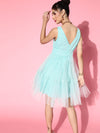 Women Sea Green V-Neck Tulle Belted Dress