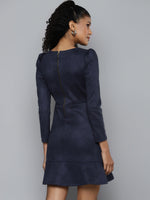 Navy Suede Frill Hem Dress