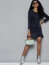 Navy Suede Frill Hem Dress