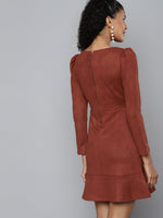 Rust Suede Frill Hem Dress