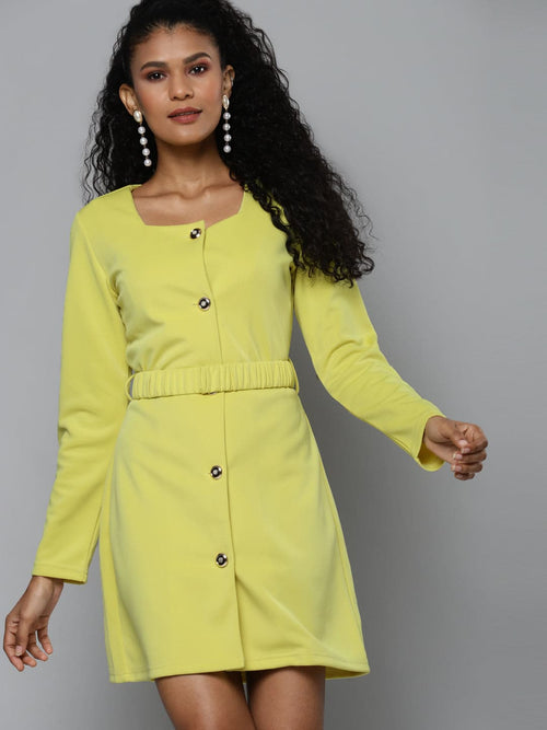 Yellow Scuba Front Button Belted Dress