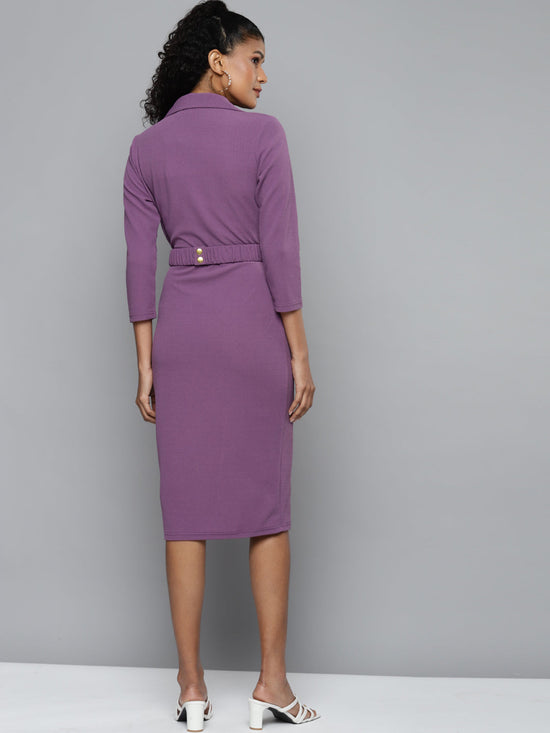 Lavender Notch Collar Belted Dress