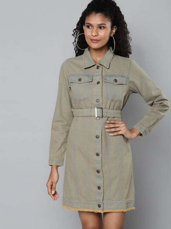 Grey Blast Wash Denim Belted Dress