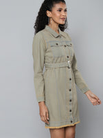 Grey Blast Wash Denim Belted Dress