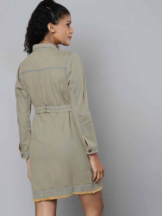 Grey Blast Wash Denim Belted Dress