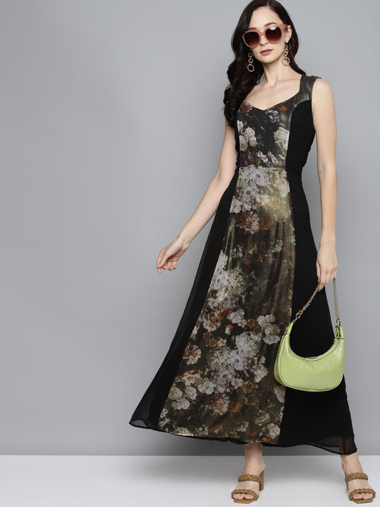 Green Floral Chiffon Sweetheart Neck Maxi