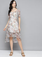 Beige Floral Chiffon Frill Hem Dress