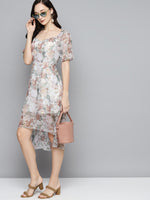 Beige Floral Chiffon Frill Hem Dress