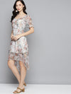 Beige Floral Chiffon Frill Hem Dress