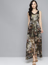 Green Floral Chiffon V-Neck Belted Maxi