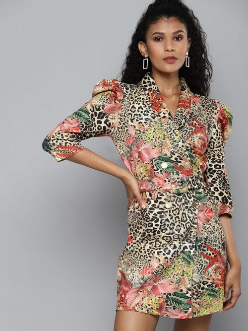 Beige Scuba Animal Floral Blazer Dress