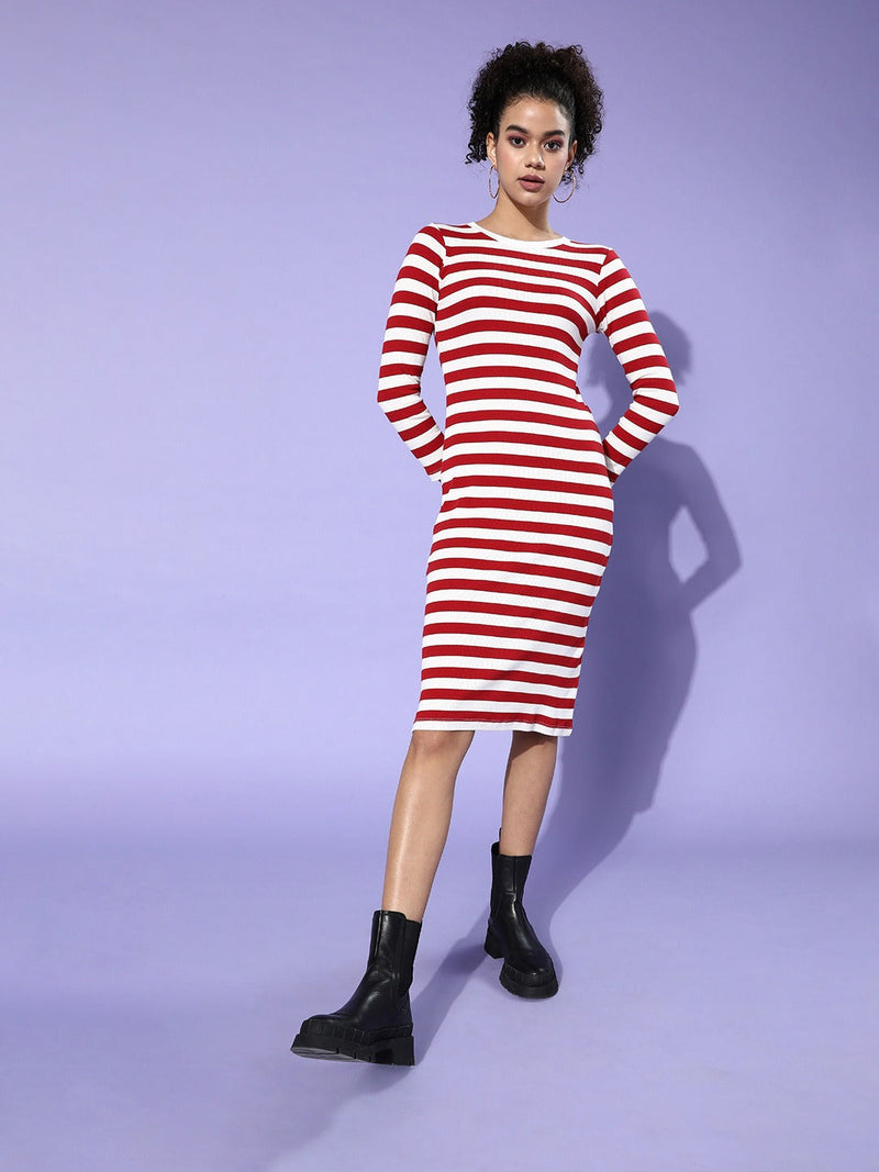 Red & White Stripe Rib Bodycon Dress
