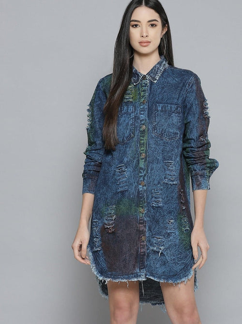 Womens Blue Denim Rainbow Wash Shirt Dress