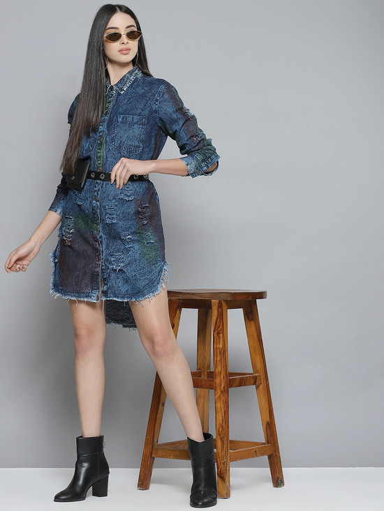 Womens Blue Denim Rainbow Wash Shirt Dress