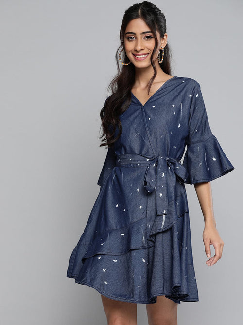 Blue Denim White Paint Wrap Skater Dress