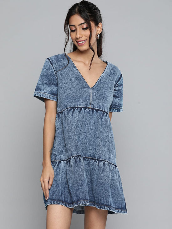 Blue Denim Tiered Shorts Dress