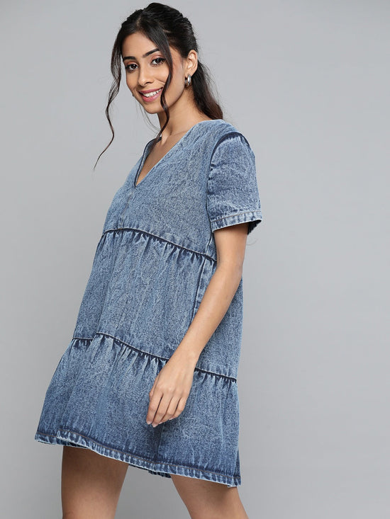 Blue Denim Tiered Shorts Dress