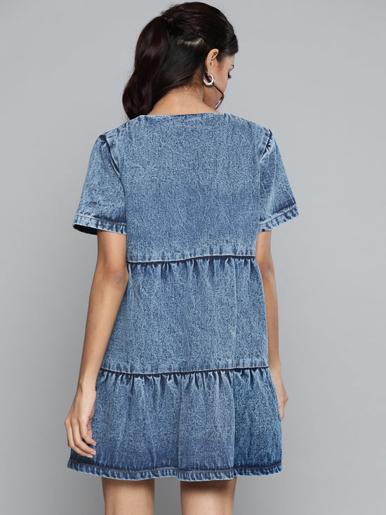 Blue Denim Tiered Shorts Dress