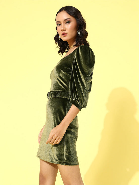 Olive Velvet Sweetheart Neck Belted Dress