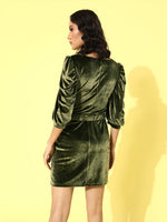 Olive Velvet Sweetheart Neck Belted Dress