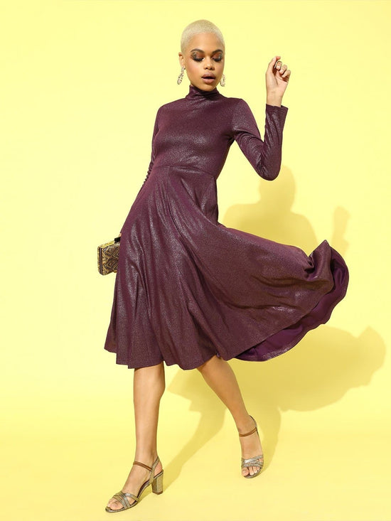 Purple Metallic High Neck Flared Midi Dress