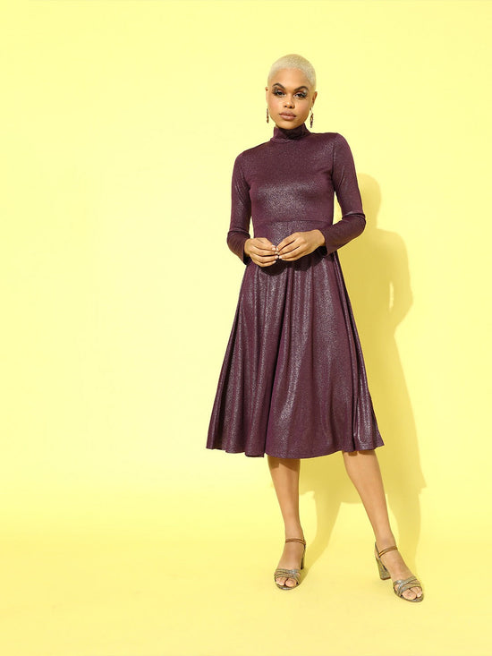 Purple Metallic High Neck Flared Midi Dress