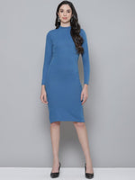 Blue Rib Turtle Neck Zipped Bodycon Dress