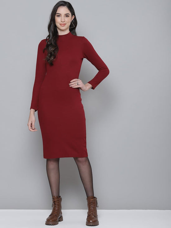 Maroon Rib Turtle Neck Zipped Bodycon Dress