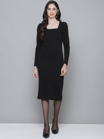 Black Rib Puff Sleeves Square Neck Bodycon Dress