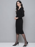 Black Rib Puff Sleeves Square Neck Bodycon Dress