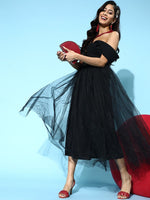 Black Tulle Bardot Midi Dress