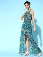 Teal Blue Floral Wrap Maxi Dress