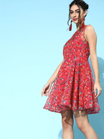 Fuchsia Floral Organza Sleeveless Skater Dress