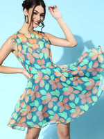 Blue Floral Organza Sleeveless Skater Dress