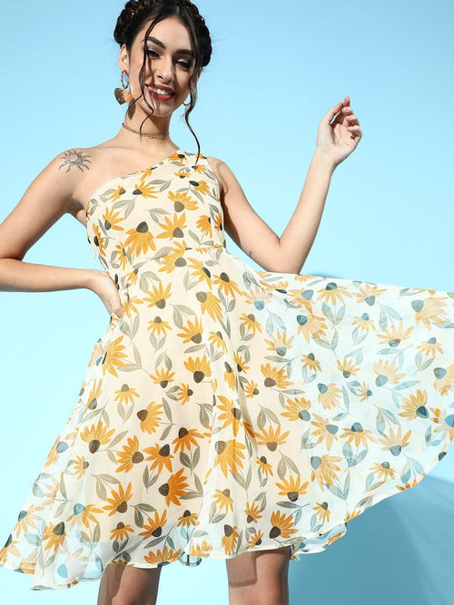 Yellow Floral Organza One Shoulder Dress