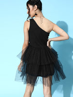 Black Tulle One Shoulder Mini Skater Dress