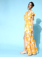 Mustard Floral Frill Sleeve Maxi