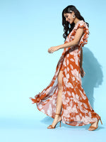 Brown Floral Frill Sleeve Maxi