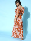 Brown Floral Frill Sleeve Maxi