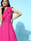 Fuchsia One Shoulder Frill Belted Dress