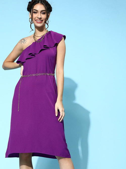 Purple One Shoulder Frill Belted Dress