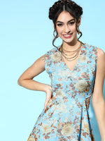 Blue Floral Organza Side Cut Out Dress