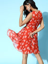 Red Floral Organza Side Cut Out Dress