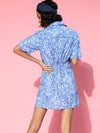 Women Blue Floral Wrap Front Mini Dress