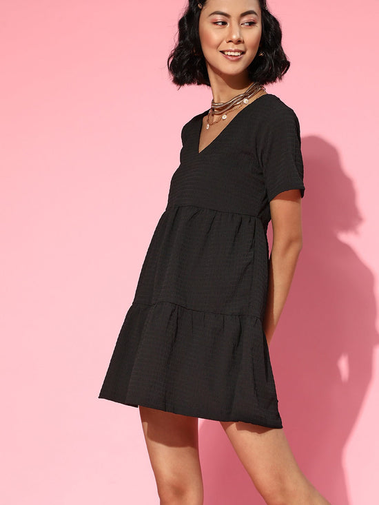 Women Black V-Neck Tiered Dress